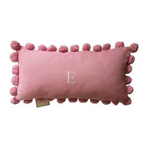 READ Pottery Barn Teen Pink Organic Cotton Pom Pom Pillow Cover 12x24” Initial E